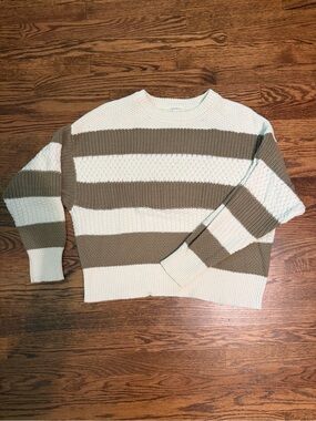 A New Day Cream and Olive Green Striped Crewneck Sweater